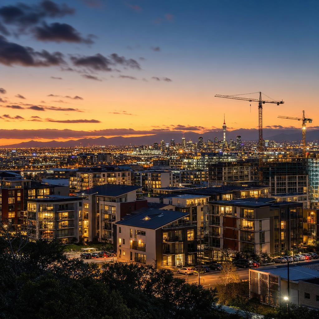 New Zealand residential development cityscape at dusk with apartment buildings and cranes