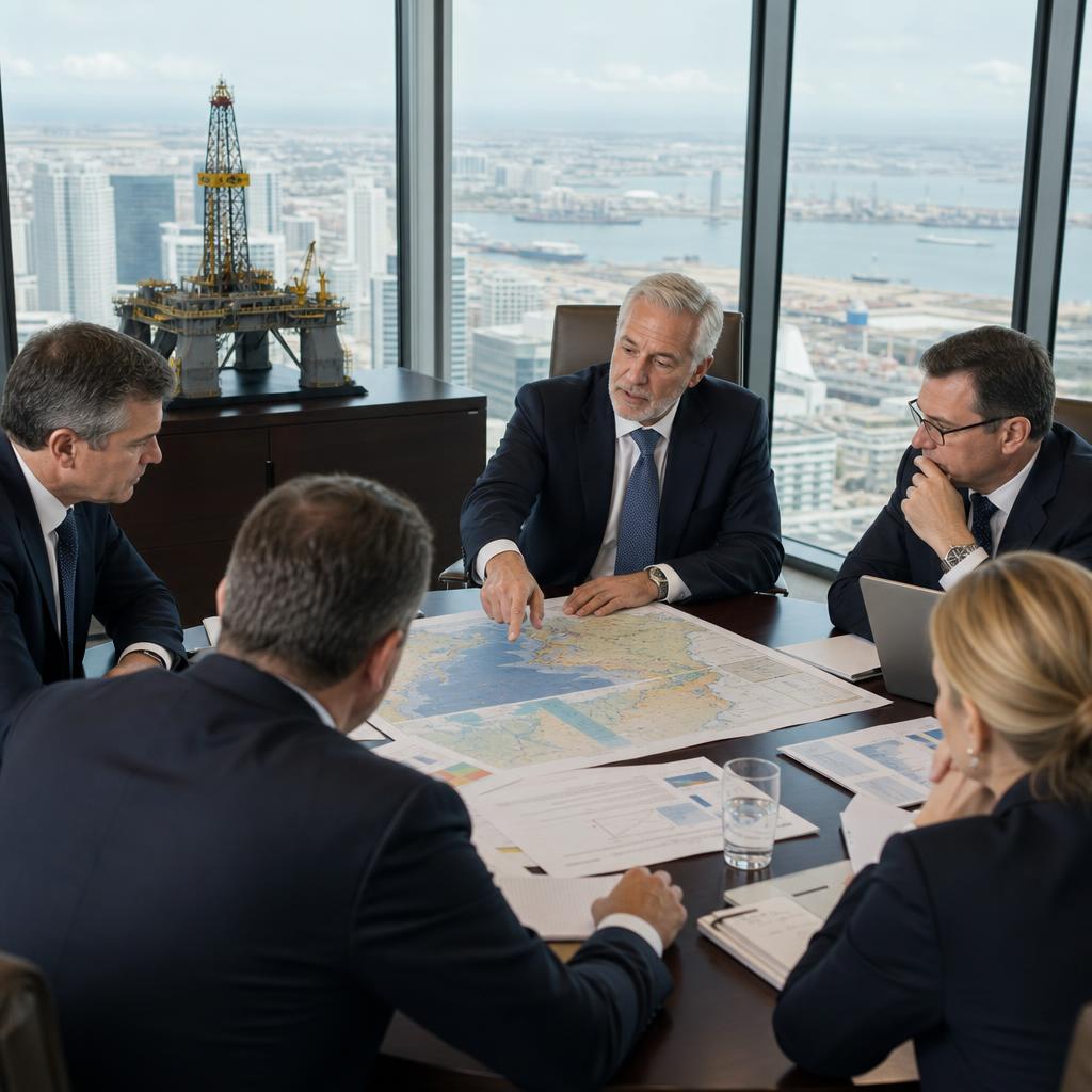 Senior energy sector executives reviewing project documents in a boardroom