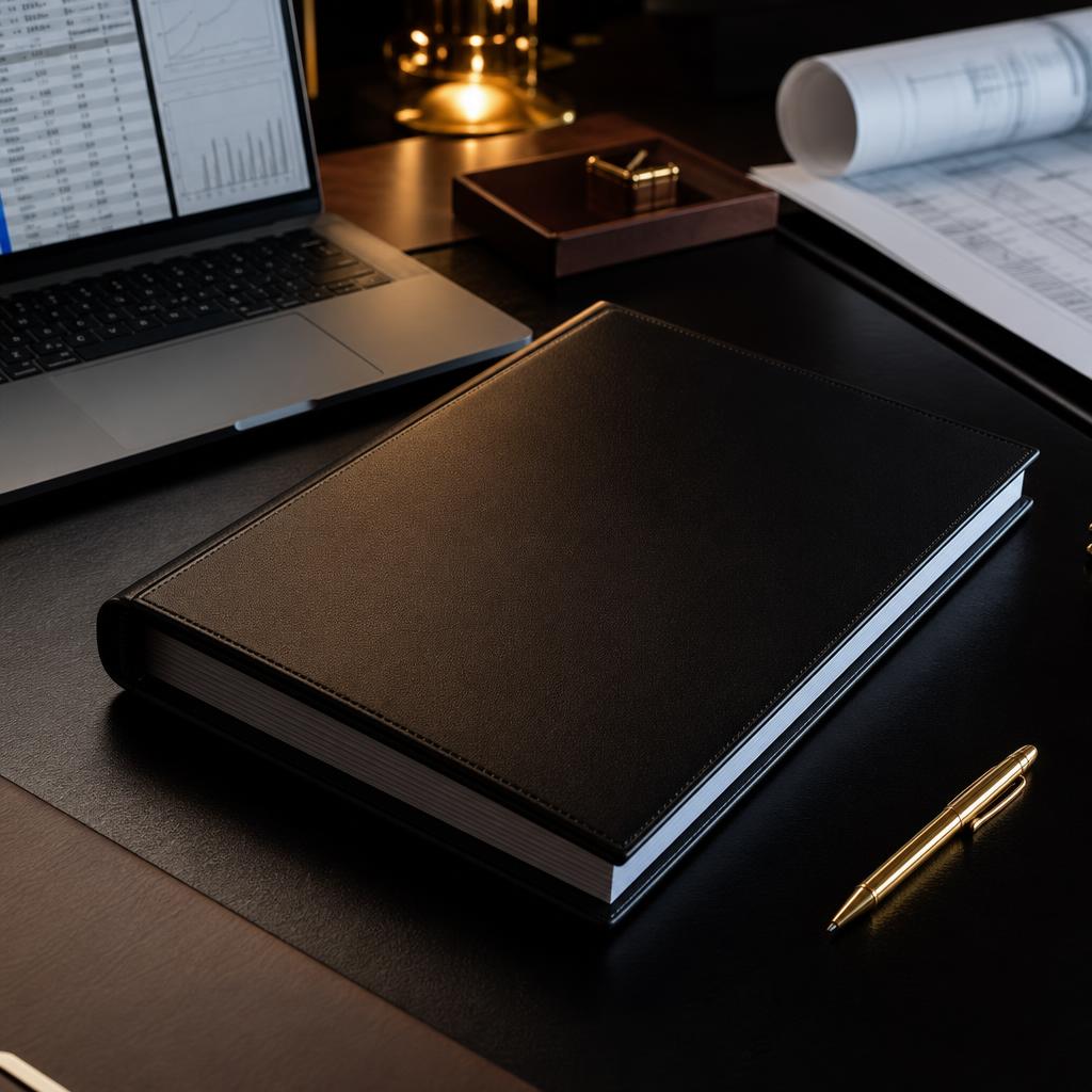 Professional lender information memorandum document with blueprints and financial reports on an executive desk