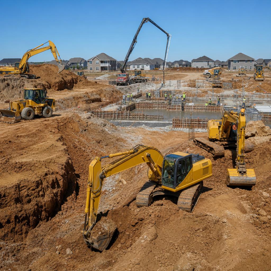 Property developer inspecting a residential construction site with apartment buildings under construction