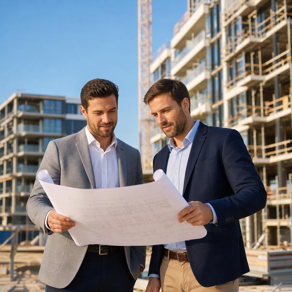 Property developers reviewing architectural plans on a residential construction site