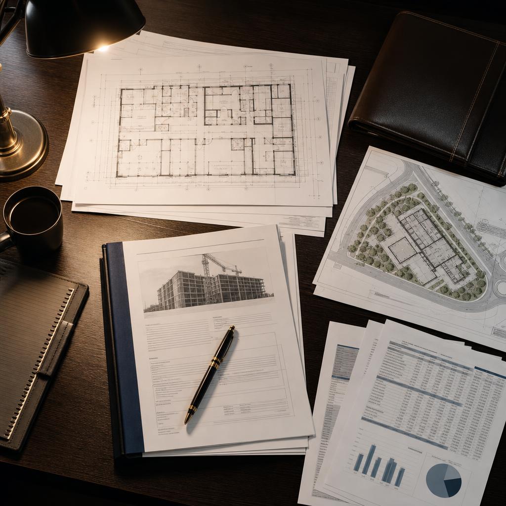 Construction finance documents, blueprints, and loan papers on an executive desk